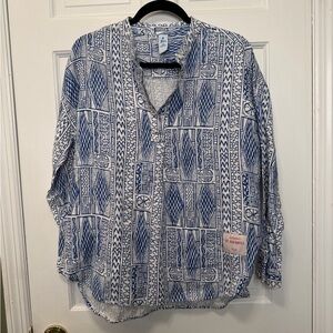 Felix Blue & White Printed 100%‎ Linen Tunic Top Boho Oversized Shirt One Size